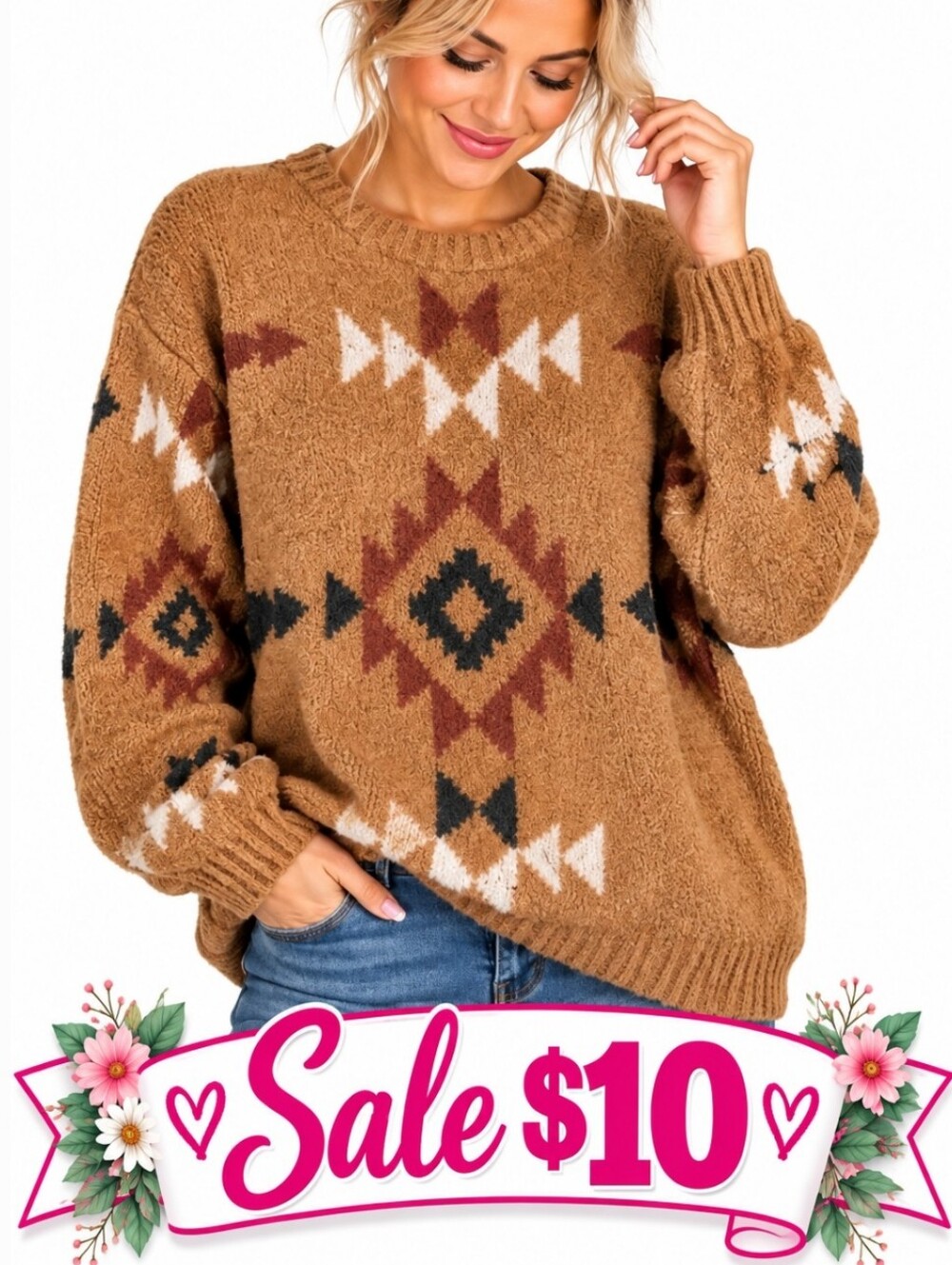 Heyson Tan Aztec Southwestern Pullover Sweater Small Boho Western
